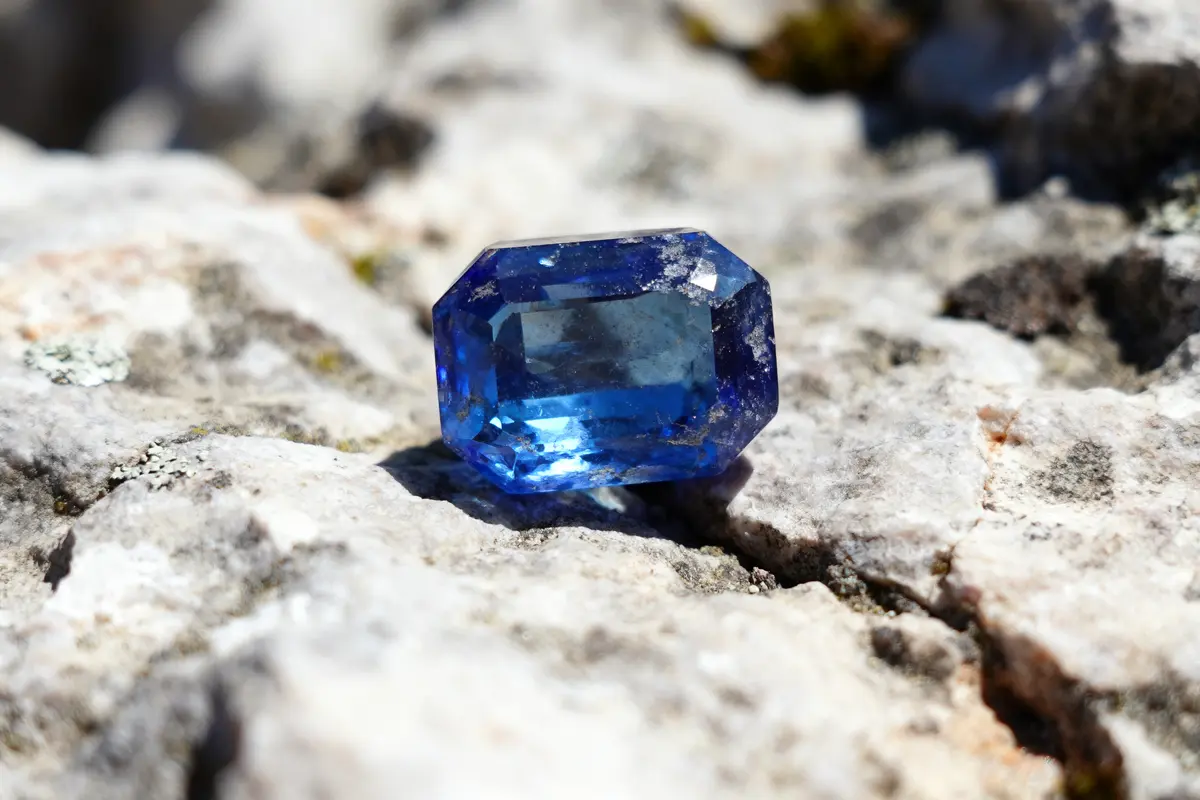 Gemme bleue taillée sur roche grise en plein soleil, elle brille et capte la lumière.