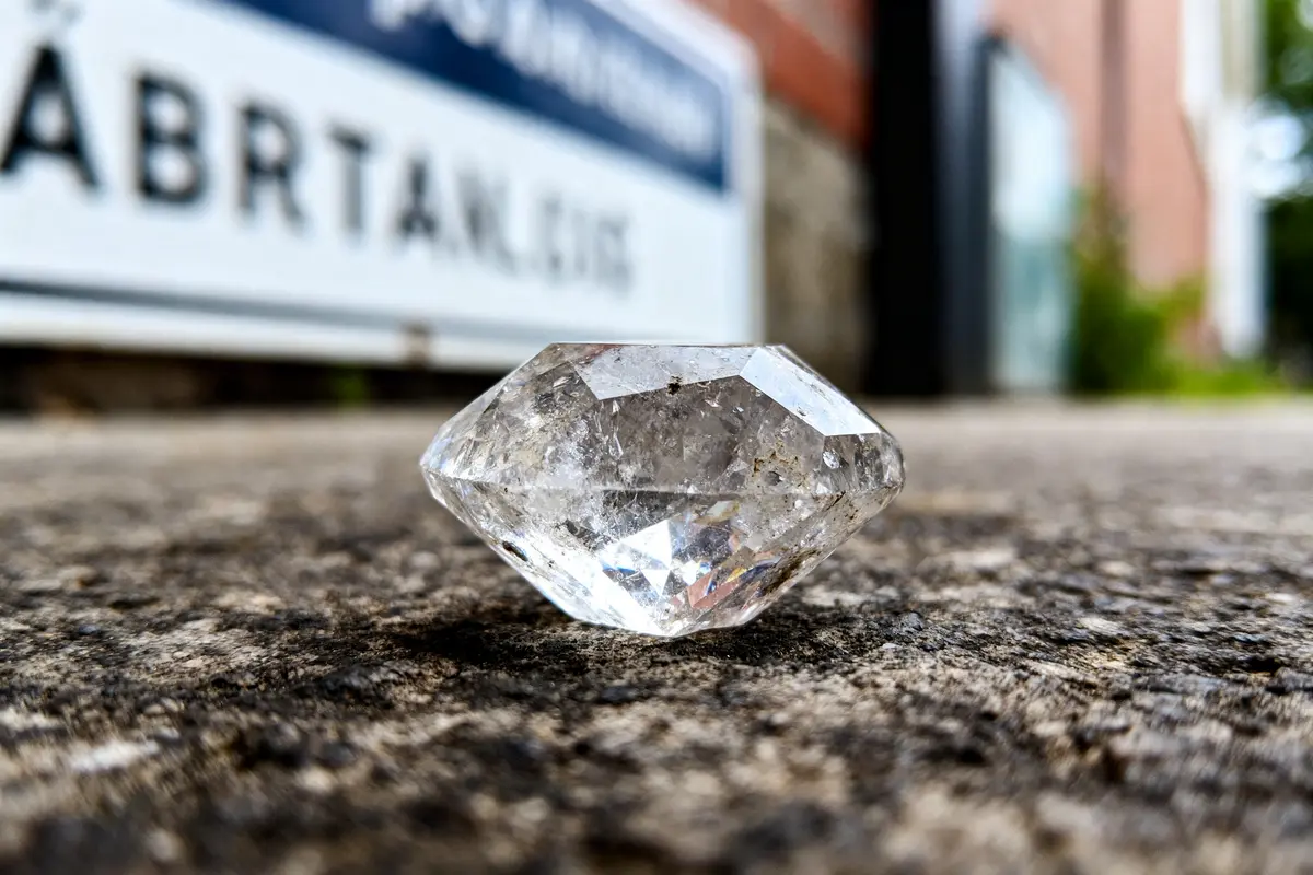 Un cristal transparent posé sur le sol, à côté d'un panneau flou en arrière-plan.