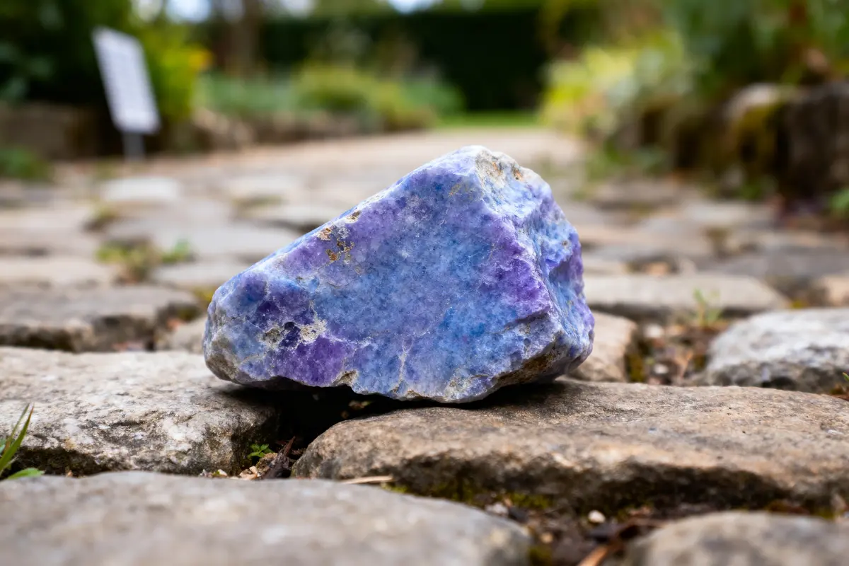Gros plan d'une roche mauve sur chemin pavé, avec arrière-plan flou de jardin verdoyant.