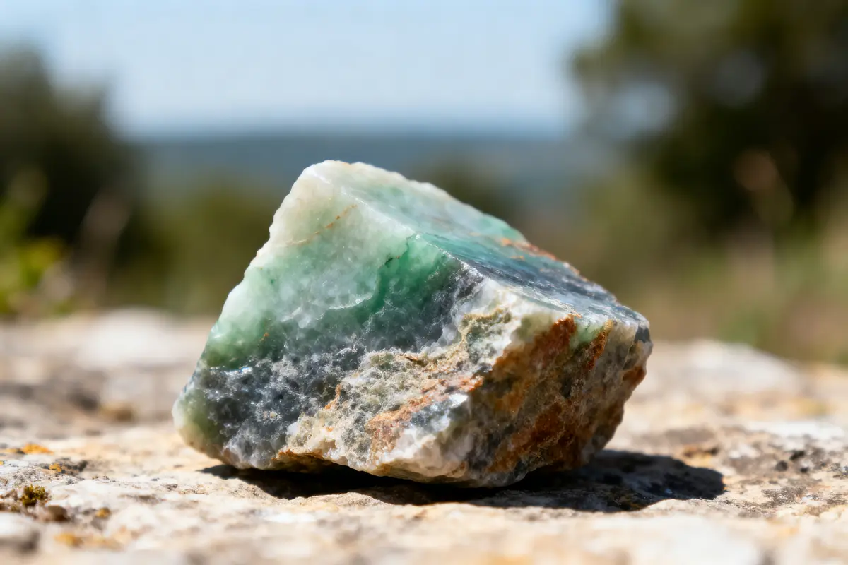 Pierre semi-précieuse verte et blanche posée sur une surface rocheuse en plein air.