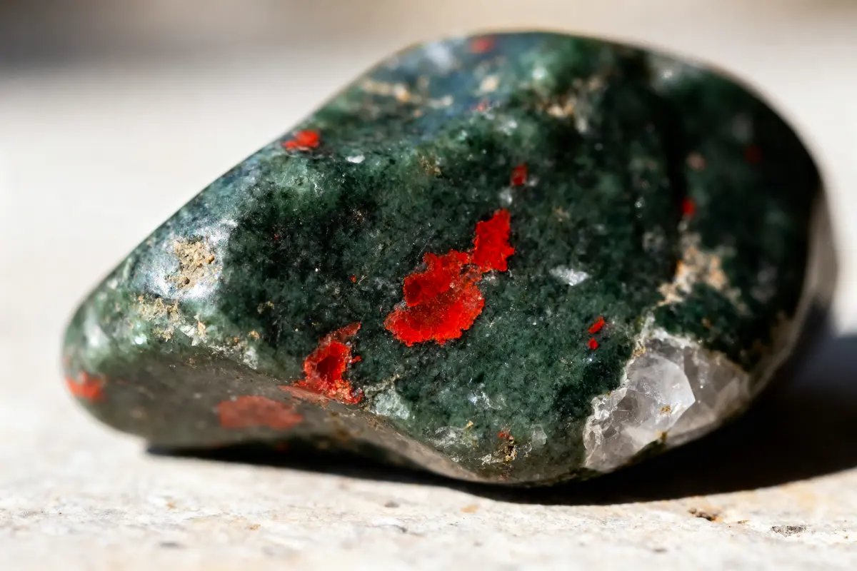 Pierre verte avec taches rouges et blanches, posée sur une surface claire et éclairée.