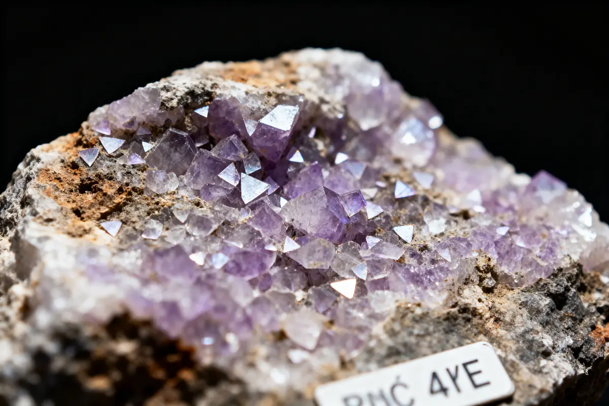 Cristaux d'améthyste violets sur roche brute, fond noir, étiquette "RNC 4YE" visible.