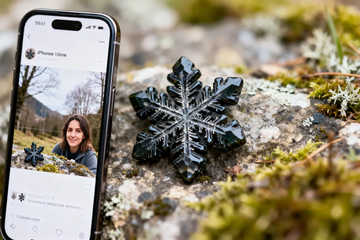 Téléphone affichant une photo sur un rocher avec flocon de neige noir en avant-plan, fond nature floue.