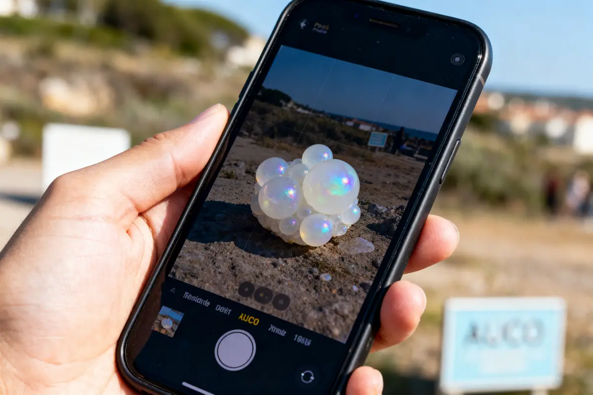 Une main tient un smartphone affichant des bulles translucides sur un paysage extérieur ensoleillé.