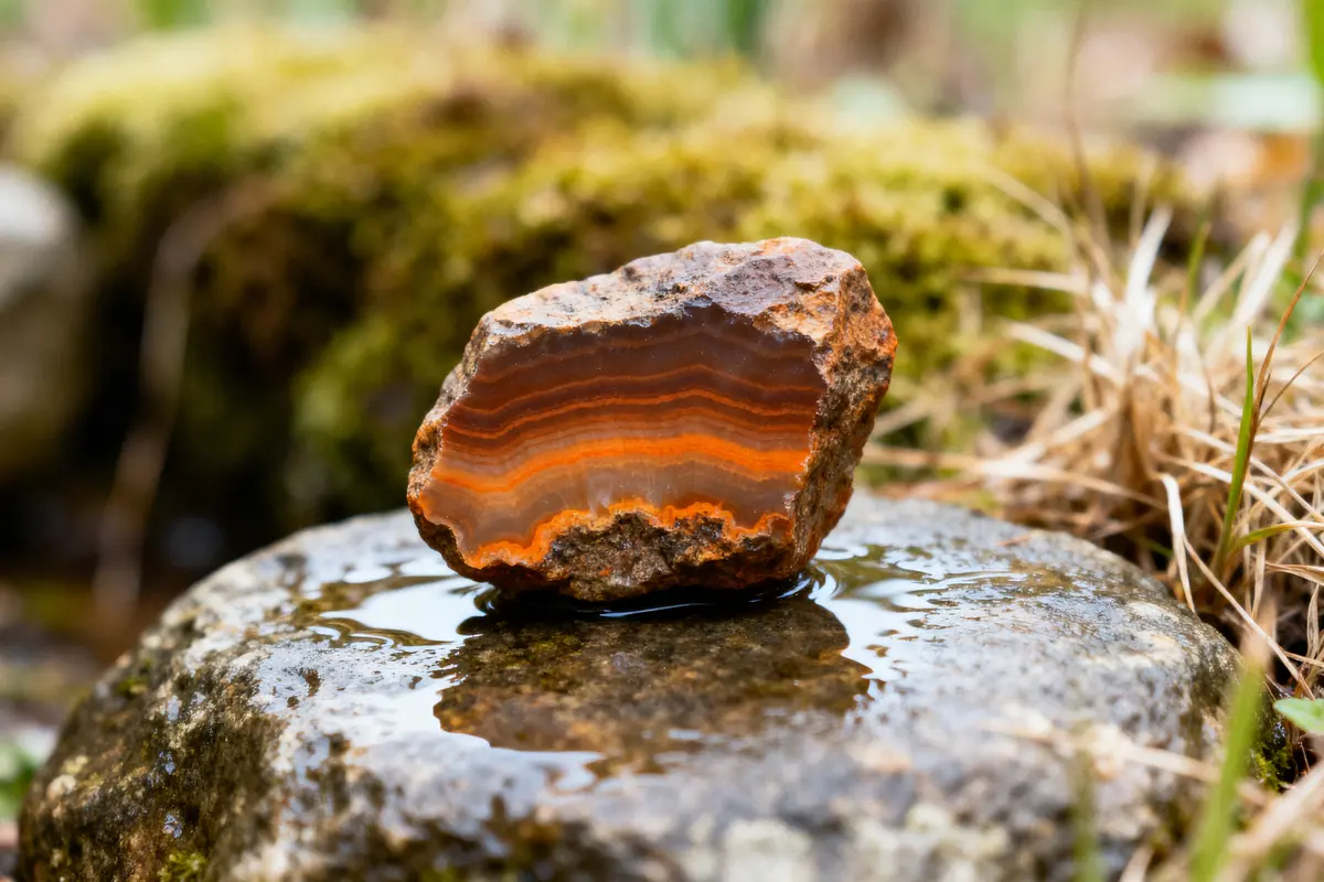 Pierre d'agate orange posée sur rocher mouillé, arrière-plan de mousse et herbe floue.