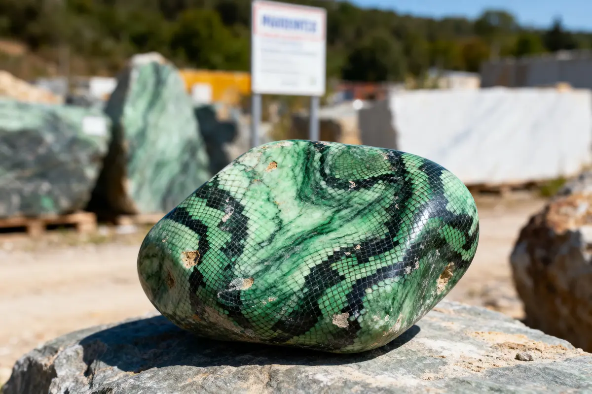 Gros plan d'une roche verte texturée, posée sur une pierre, avec un arrière-plan flou extérieur.