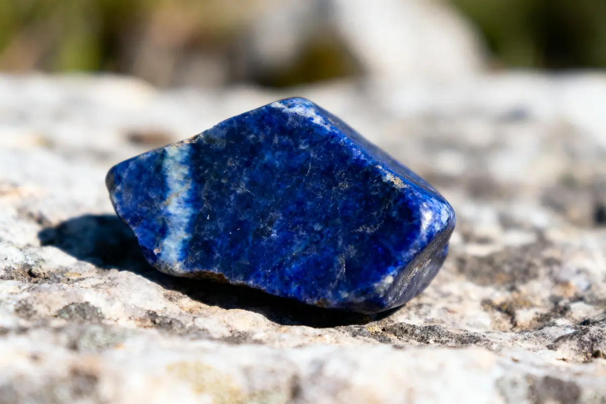 Pierre bleue brute posée sur une surface rocheuse floue en arrière-plan, éclairage naturel.