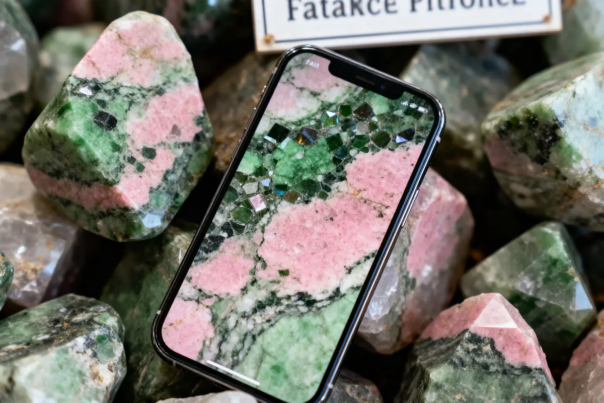 Smartphone affichant des motifs géométriques colorés, placé sur des pierres vertes et roses similaires en arrière-plan.