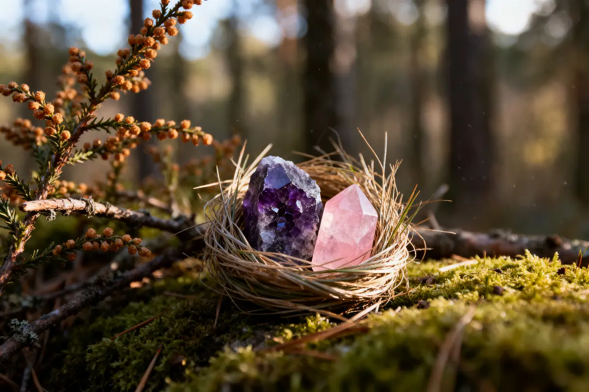 Deux cristaux colorés dans un nid de paille posé sur de la mousse en forêt.