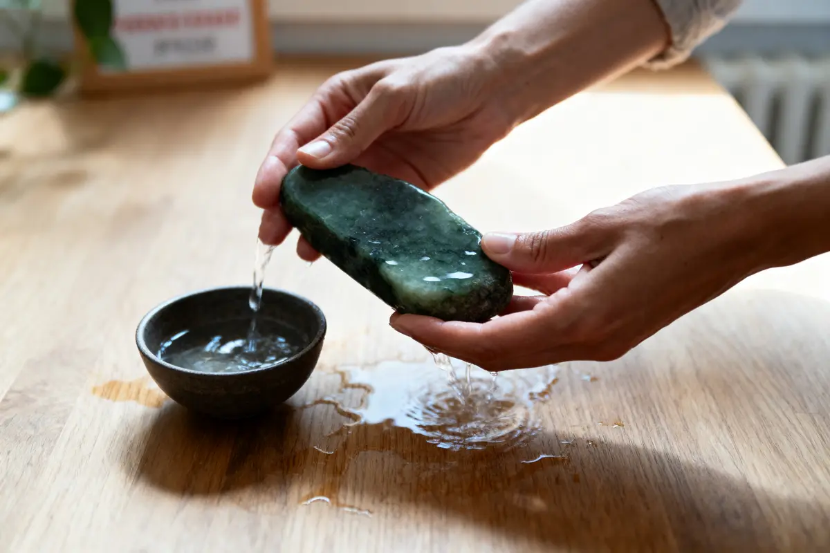 Mains rinçant une pierre verte sous l'eau au-dessus d'un bol sur une table en bois.