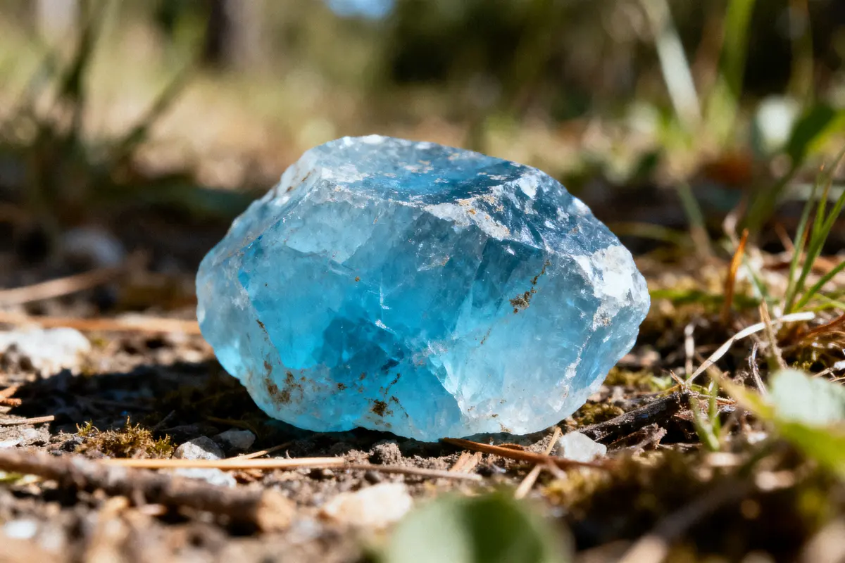 Gros plan d'une pierre bleue translucide posée sur le sol, entourée de végétation et de branches.