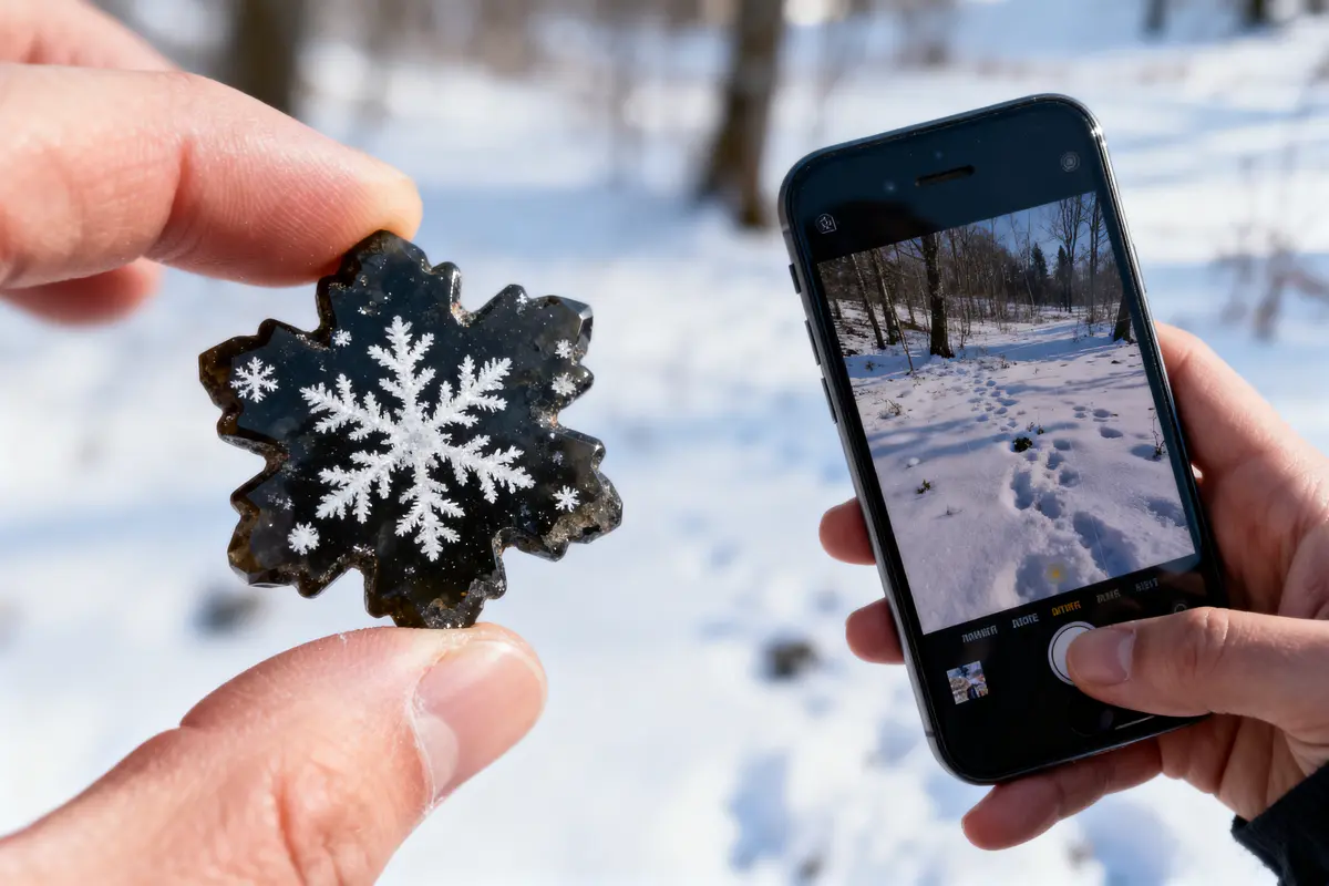 Main tenant flocon décoratif, smartphone photo paysage enneigé, arbre à l'horizon, lumière hivernale.