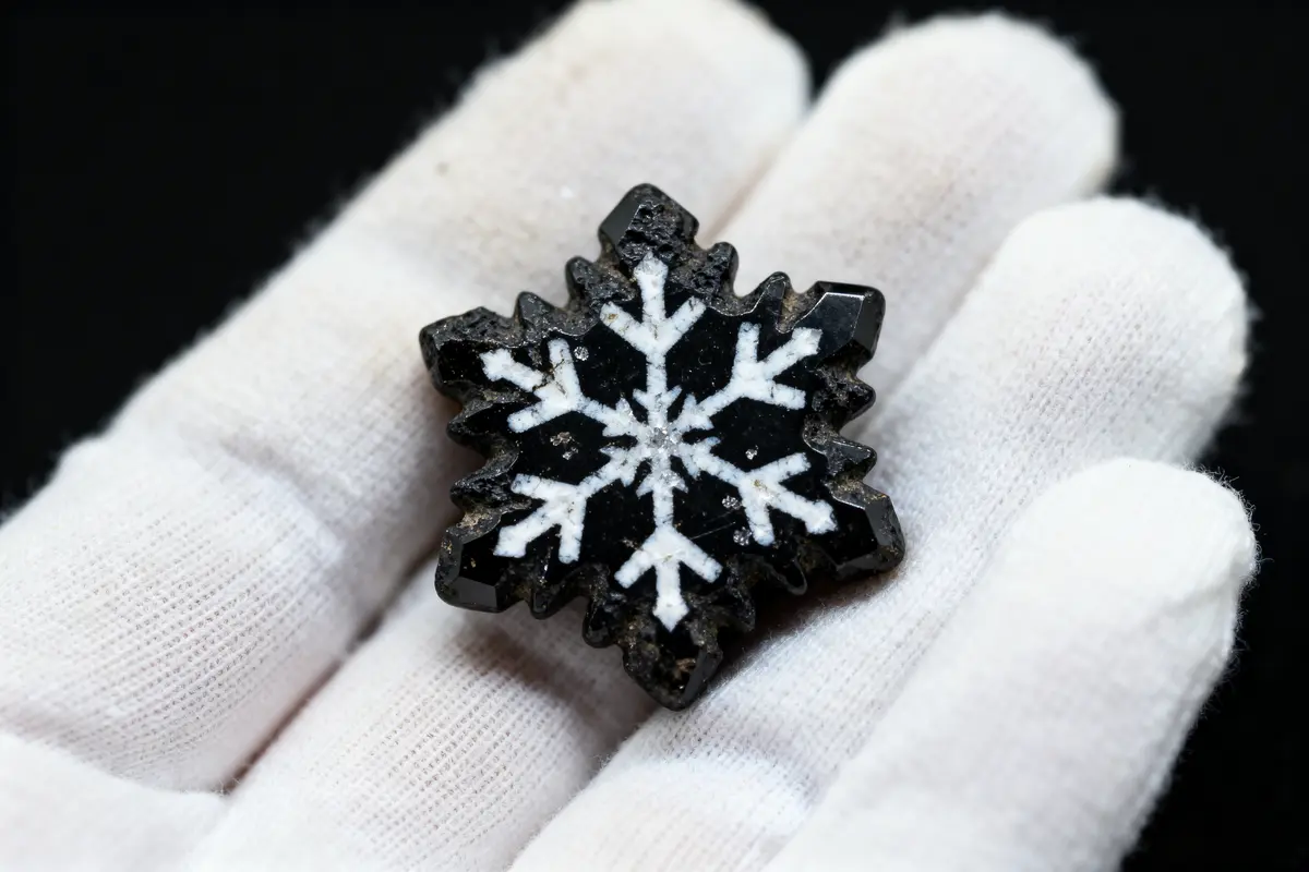 Main gantée tenant une pierre précieuse noire taillée en flocon de neige, fond noir.