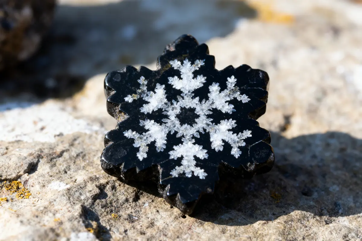 Smartphone avec écran brisé affichant flocons de neige posé sur des pierres, panneaux routiers en arrière-plan.