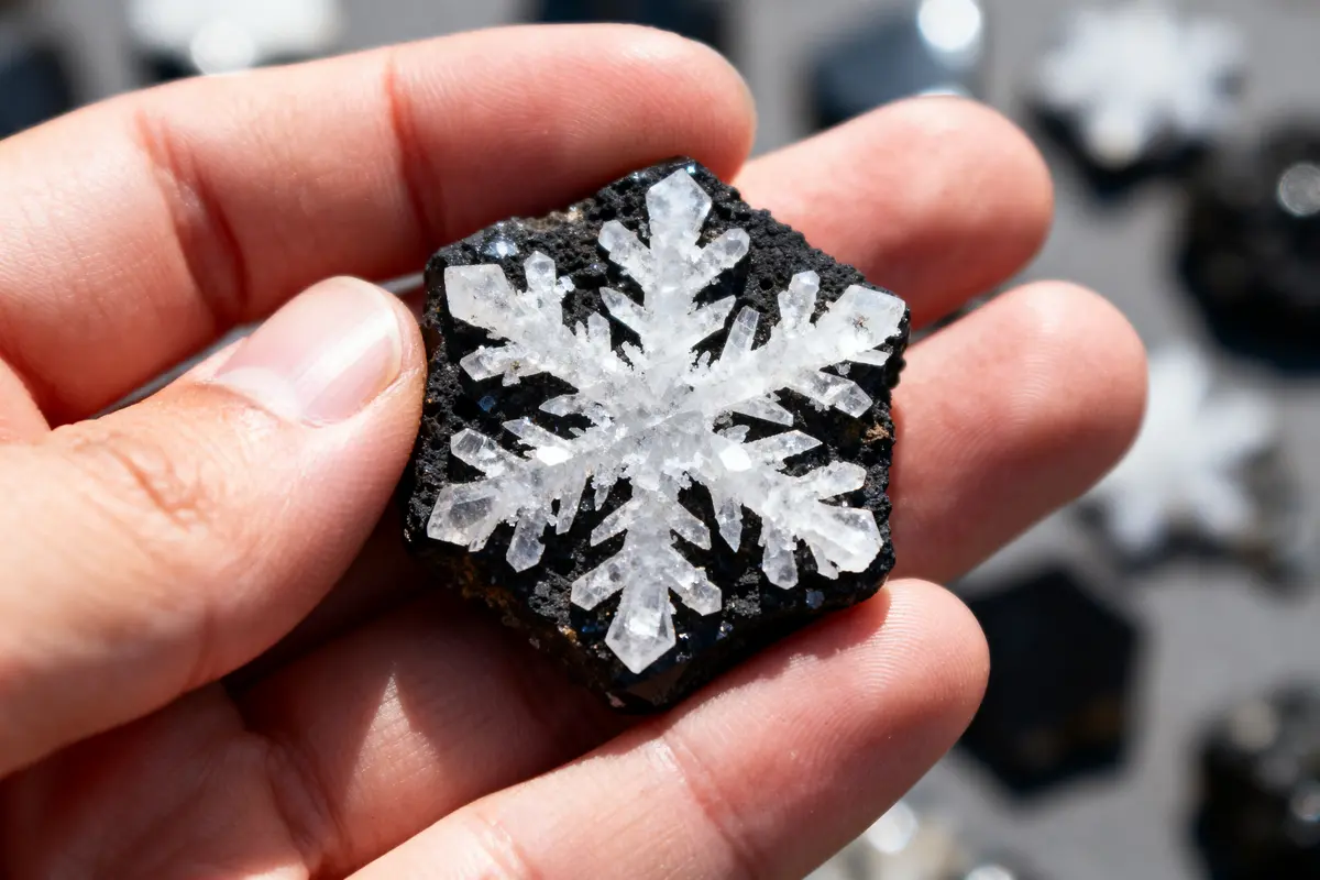 Cristal noir avec motifs de flocons de neige, posé sur une surface floue en extérieur.