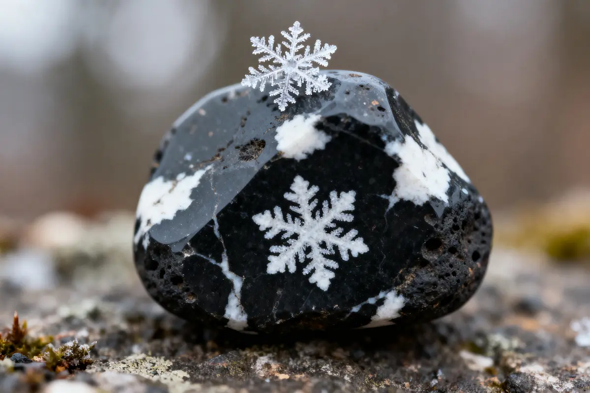 Flocon de neige sur un galet noir et blanc, posé sur une surface rocheuse.