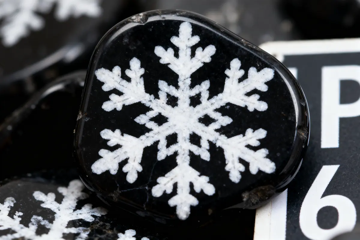 Pierre noire avec flocon blanc sur smartphone posé sur une surface granuleuse éclairée par le soleil.