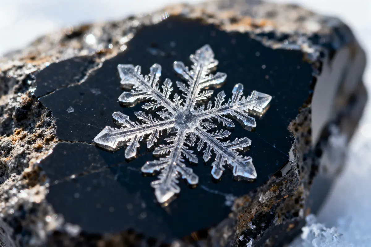 Flocon de neige détaillé sur une roche sombre, motifs cristallins visibles, éclairé par la lumière naturelle.