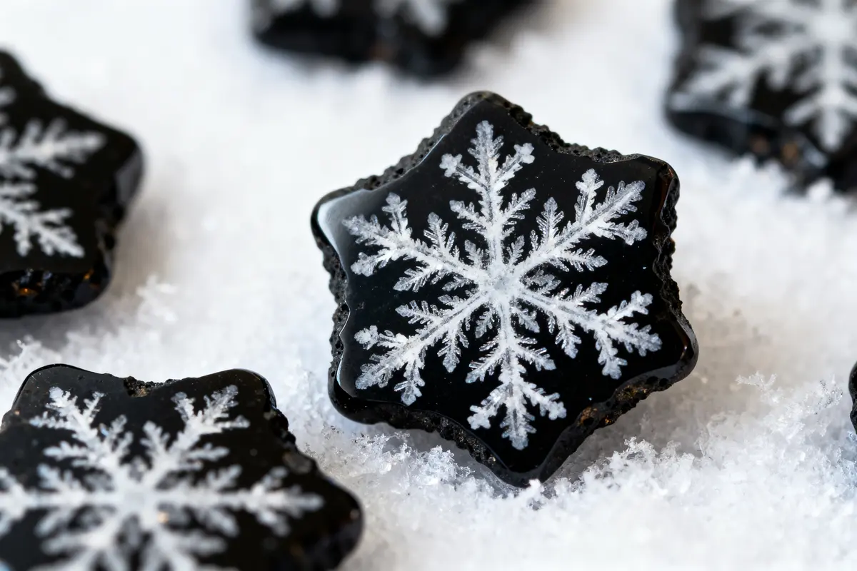 Biscuit étoilé noir glacé avec flocon blanc, posé sur fond neigeux. Gros plan, ambiance hivernale festive.