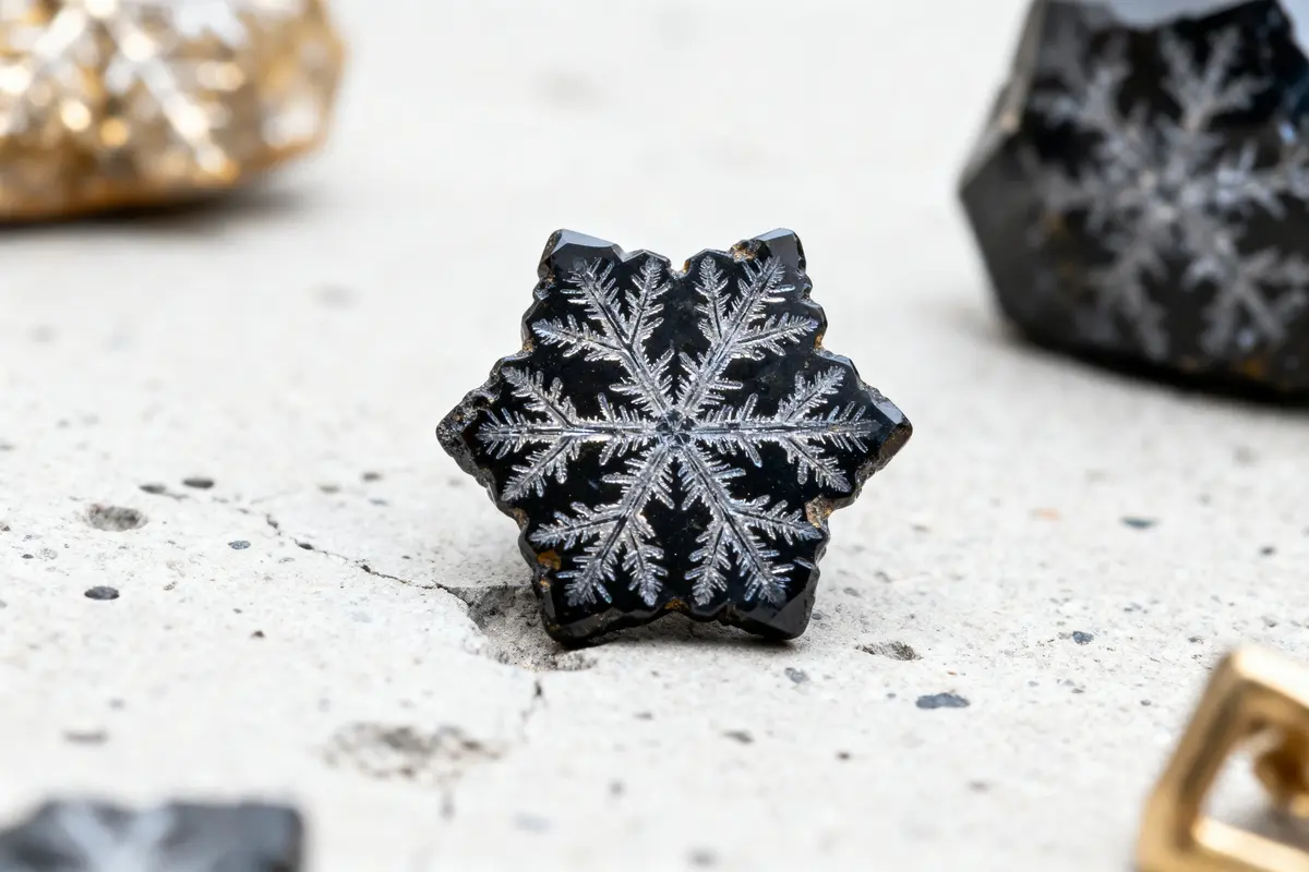 Objets en forme de flocon de neige noirs avec motifs blancs, posés sur surface bétonnée. Gros plan.