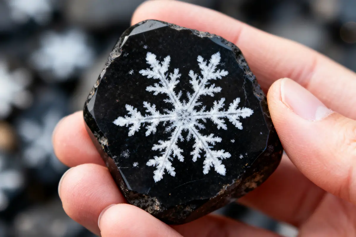 Main tenant une pierre noire avec flocon blanc incrusté, fond flou.