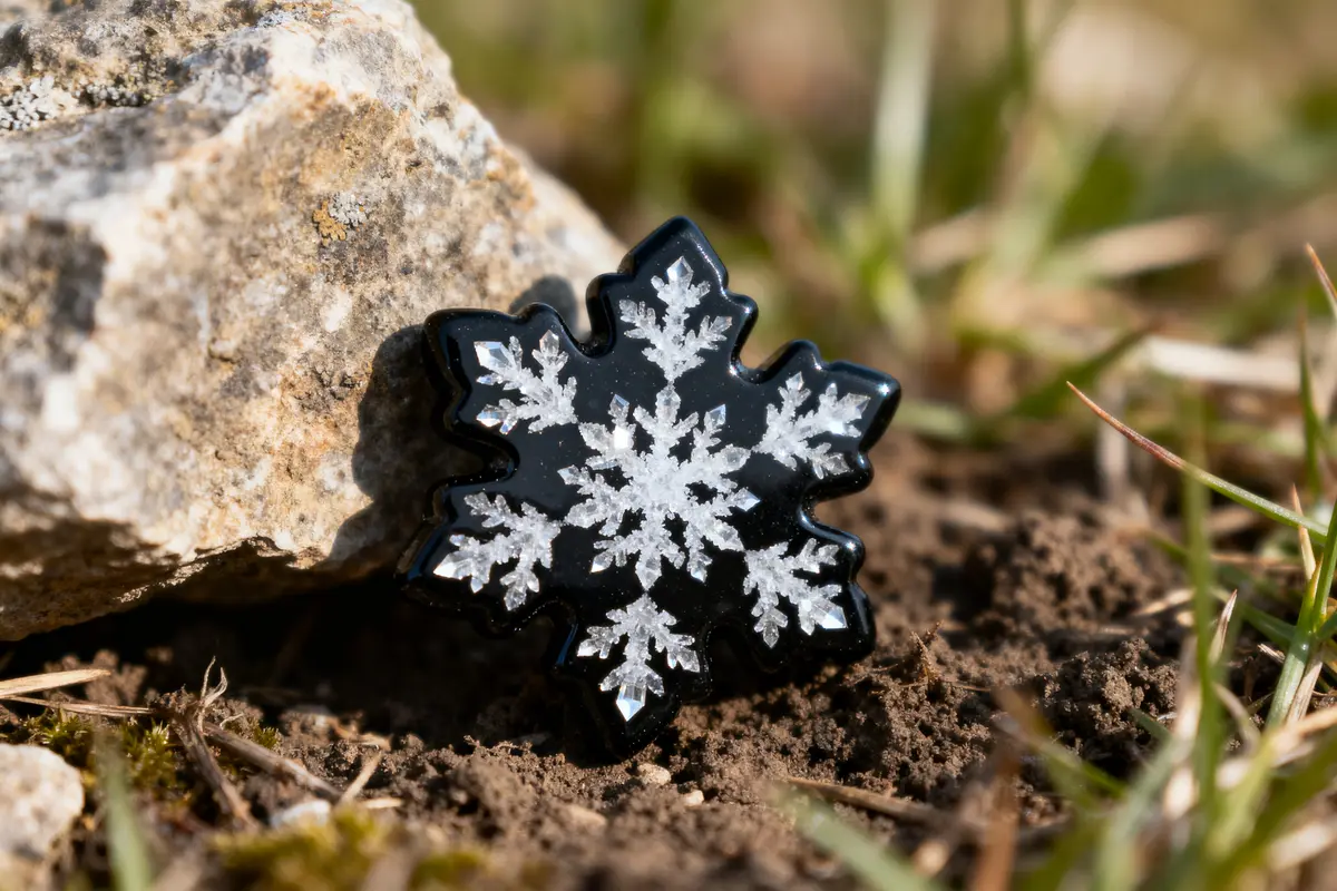 Flocon de neige décoratif noir et blanc posé sur le sol près d'une pierre et de l'herbe.