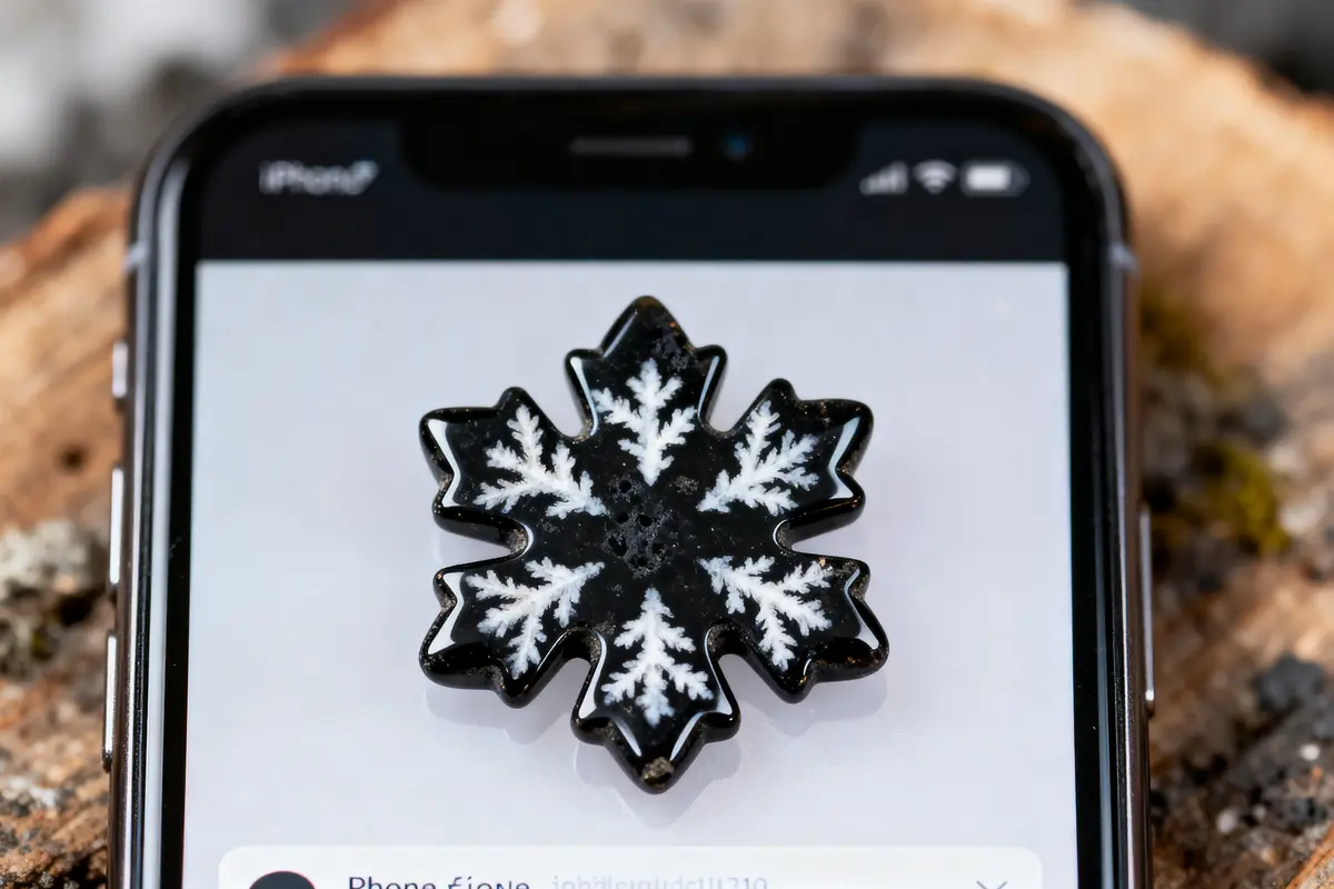 Flocon de neige blanc stylisé sur un téléphone, posé sur une surface en bois.