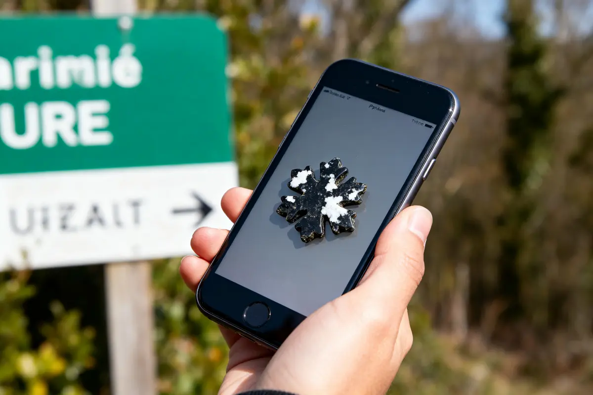 Personne tenant un smartphone affichant une image de neige, avec un panneau extérieur flou en arrière-plan.