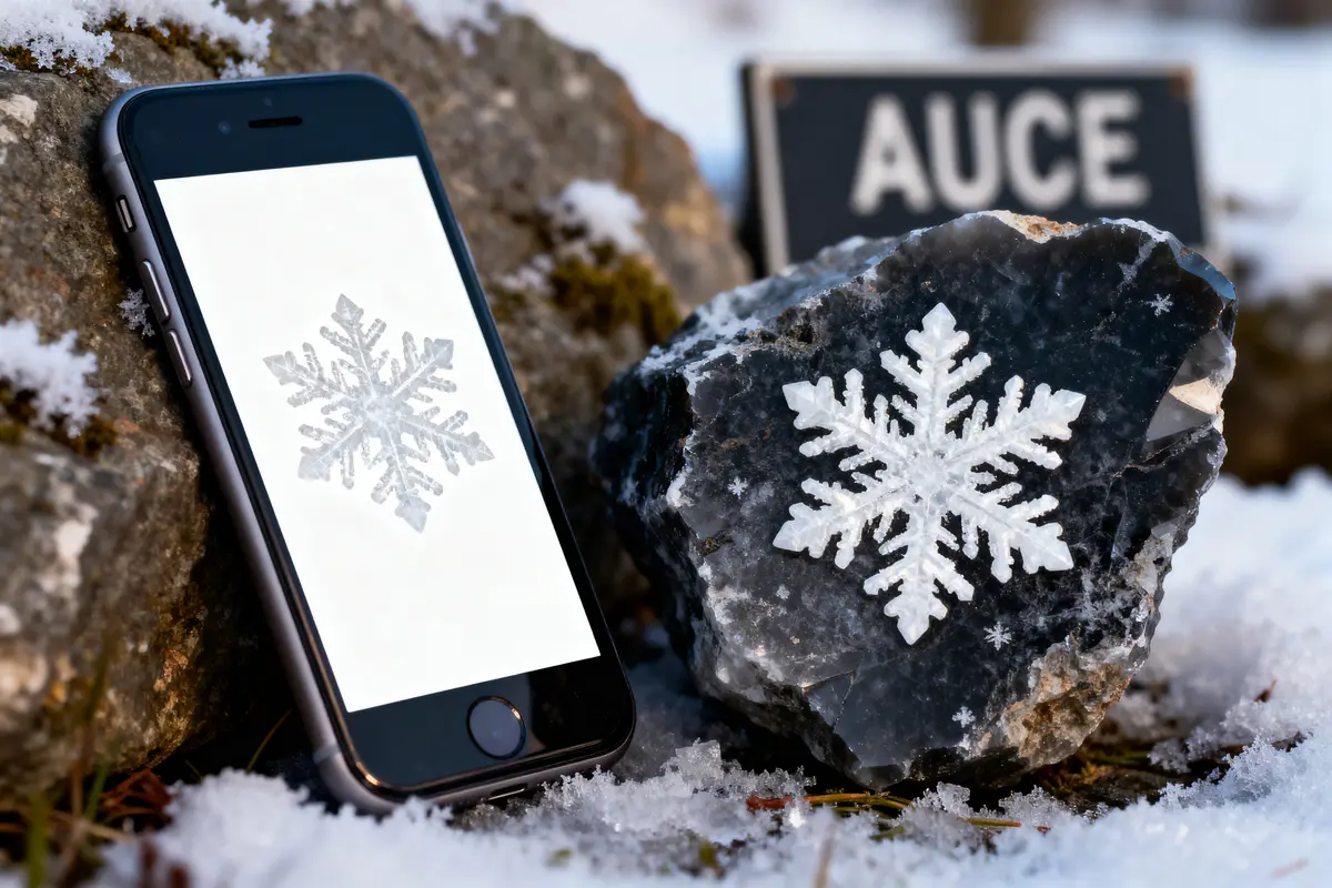 Smartphone et pierre affichant flocons de neige sur fond de neige et rochers, panneau partiellement visible.