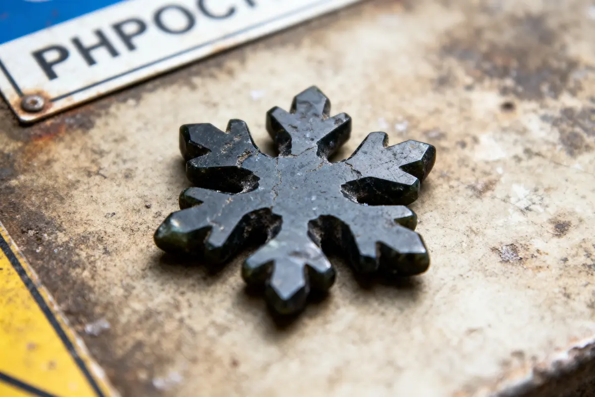 Pierre noire avec motifs floraux blancs, en forme de flocon de neige, posée sur un rocher.