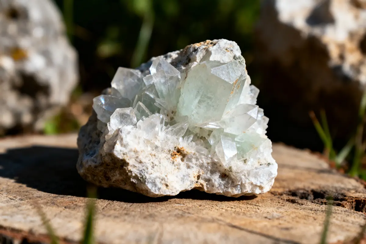 Cristal translucide sur roche blanche, éclairé par le soleil, sur fond flou de verdure.