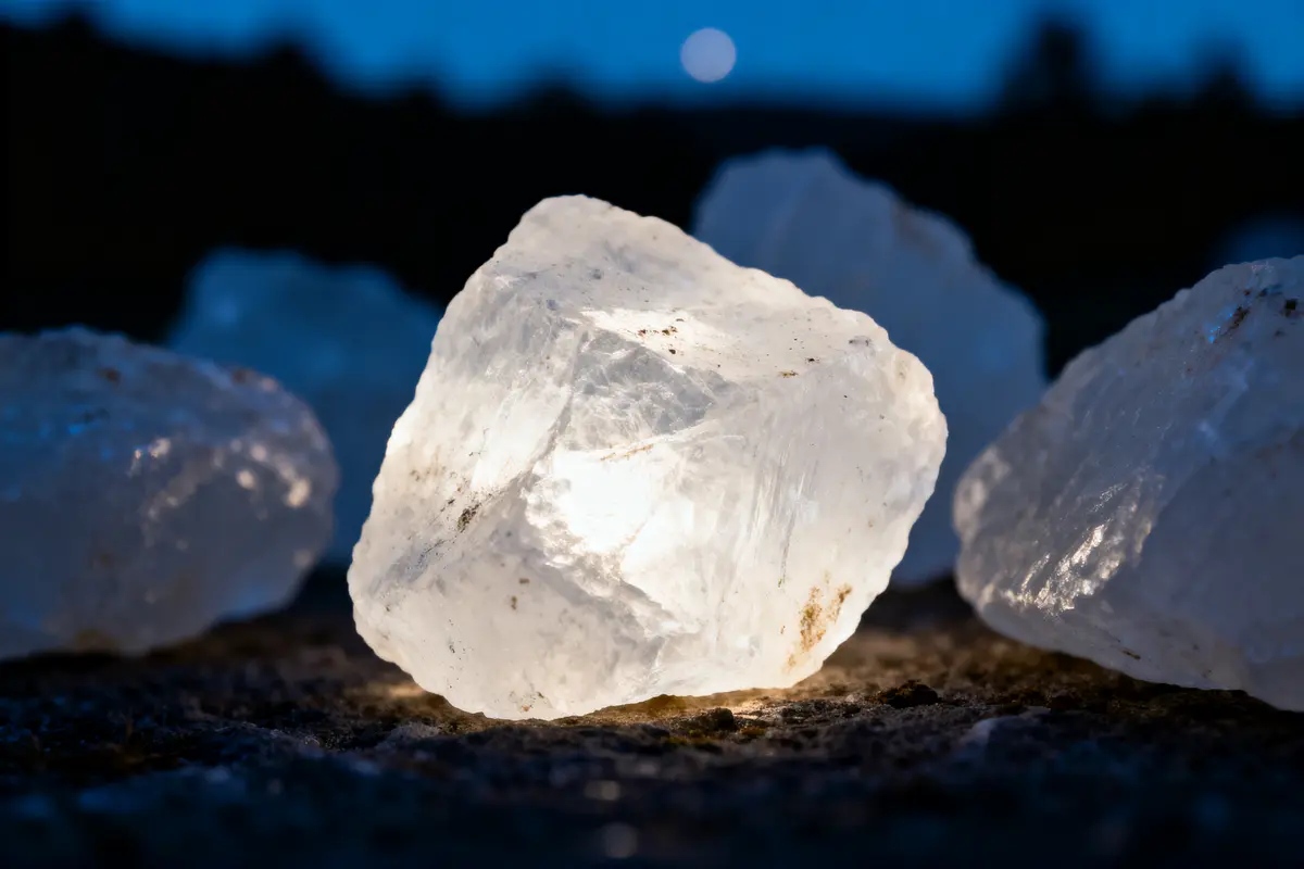 Gros plan sur un cristal lumineux translucide, entouré d'autres cristaux, sur fond flou sombre bleuté.