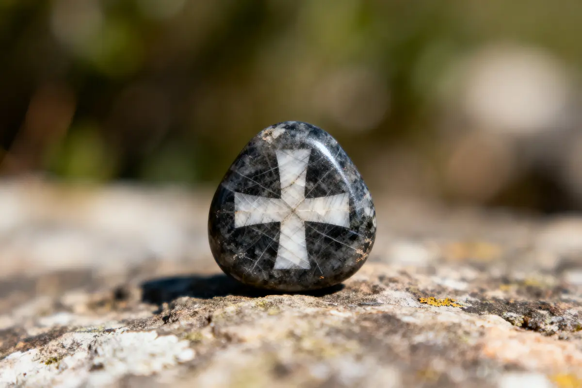 Galet noir avec croix blanche incrustée, posé sur une surface rocheuse floue, arrière-plan naturel flou.