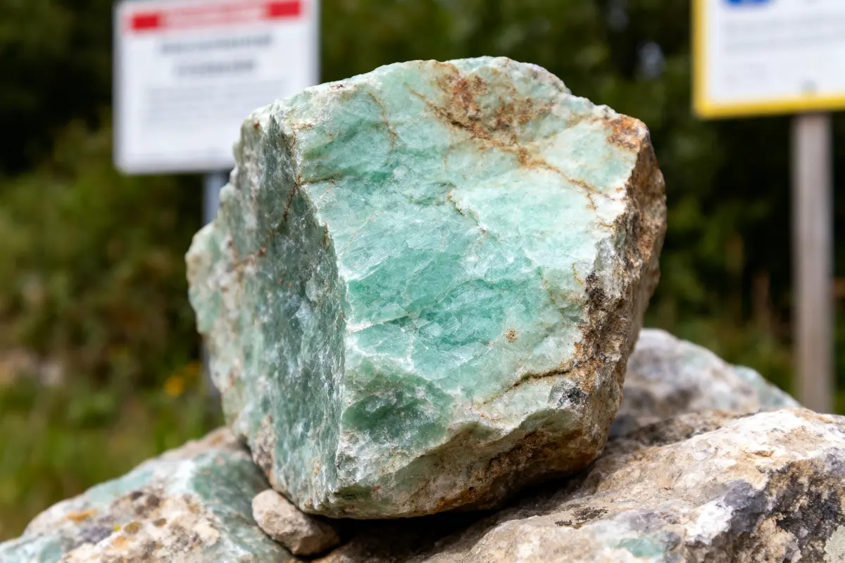 Grosse pierre verte texturée, posée sur d'autres pierres, arrière-plan flou avec des panneaux indistincts.