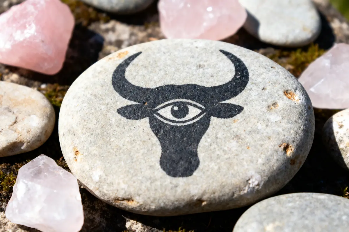 Galet gris avec symbole de taureau et œil, entouré de pierres roses.