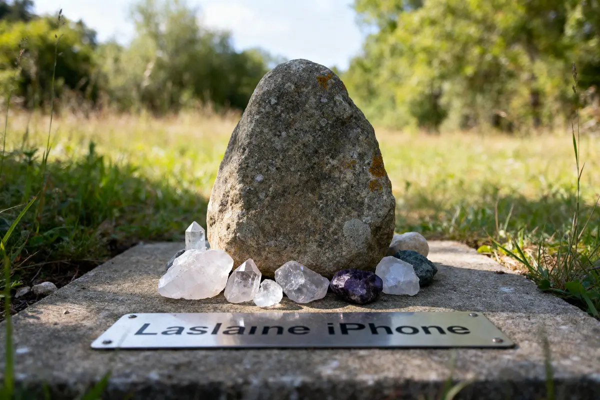 Gros rocher entouré de cristaux sur une plaque gravée "Laslaine iPhone", dans un paysage verdoyant ensoleillé.