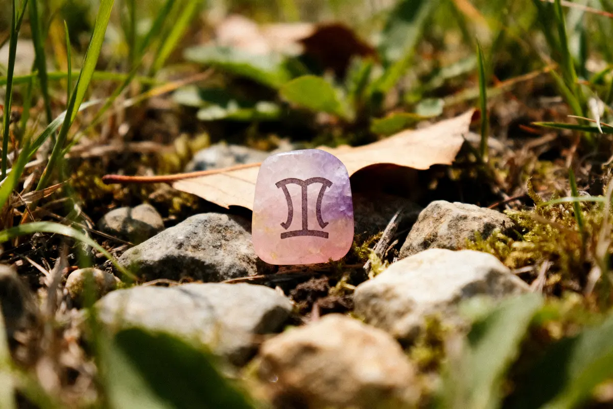 Pierre avec symbole Gémeaux posée sur des cailloux et herbes, feuille morte en arrière-plan.
