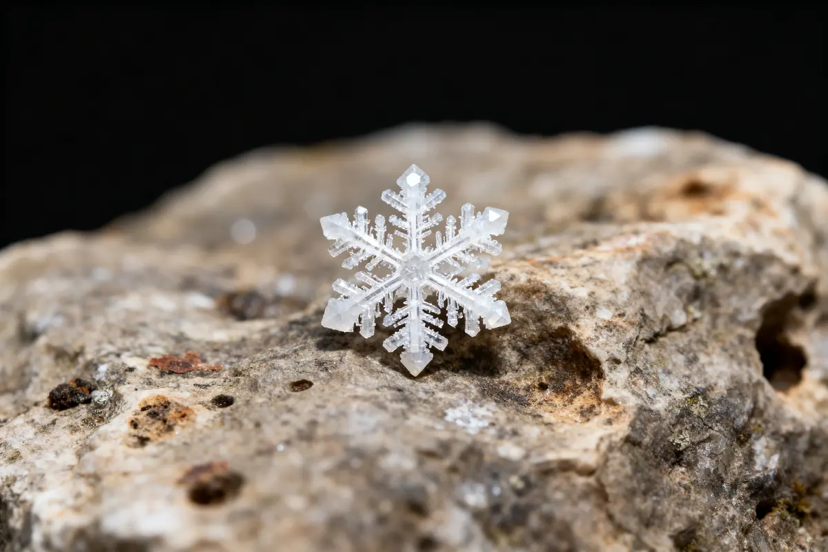 Flocon de neige détaillé posé sur une surface rocheuse, fond noir.