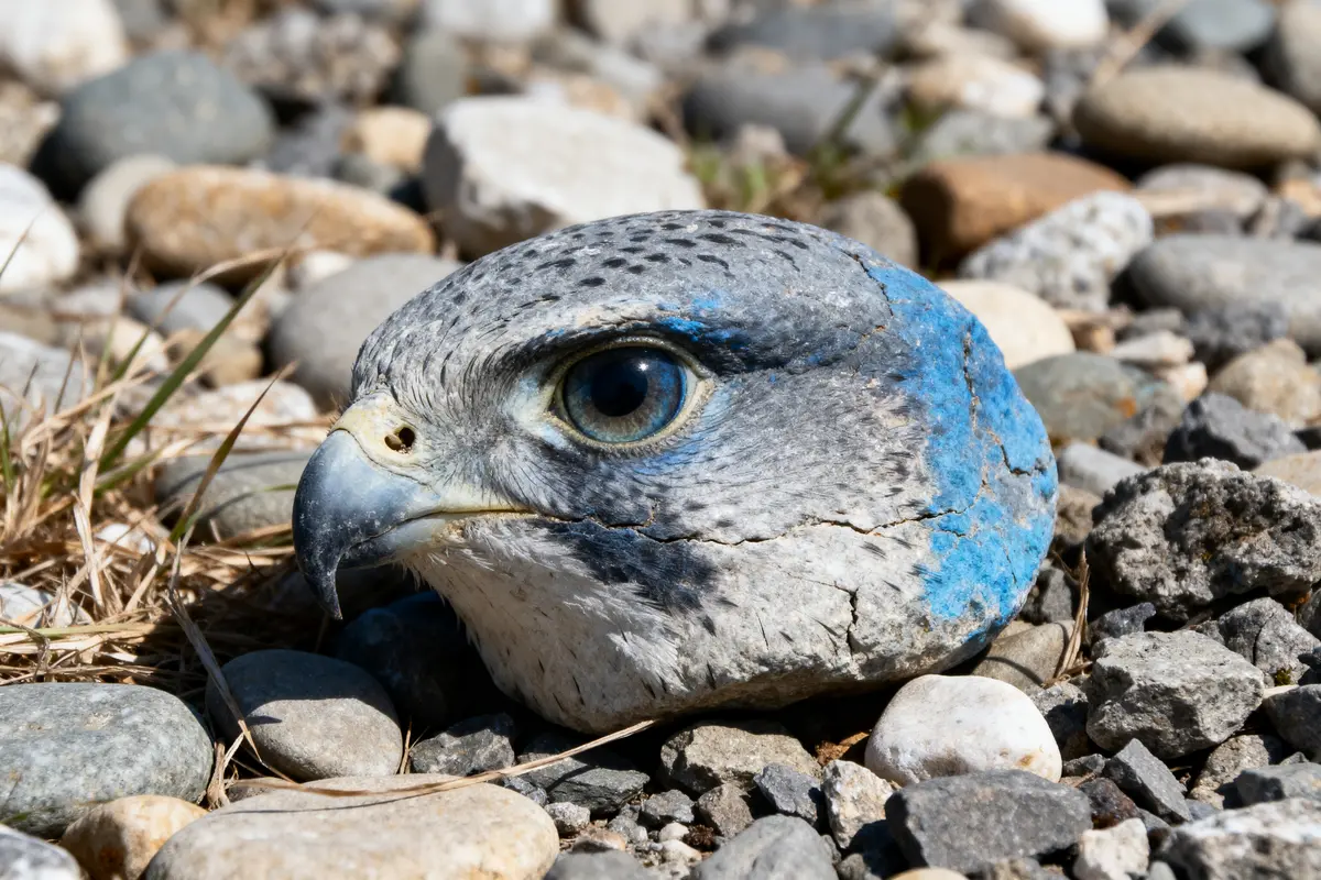 Roche peinte imitant tête de faucon avec détails bleus, posée sur des galets.