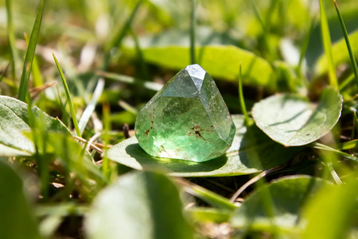 Pierre précieuse verte brillante sur des feuilles vertes et herbe en plein air, éclairée par le soleil.