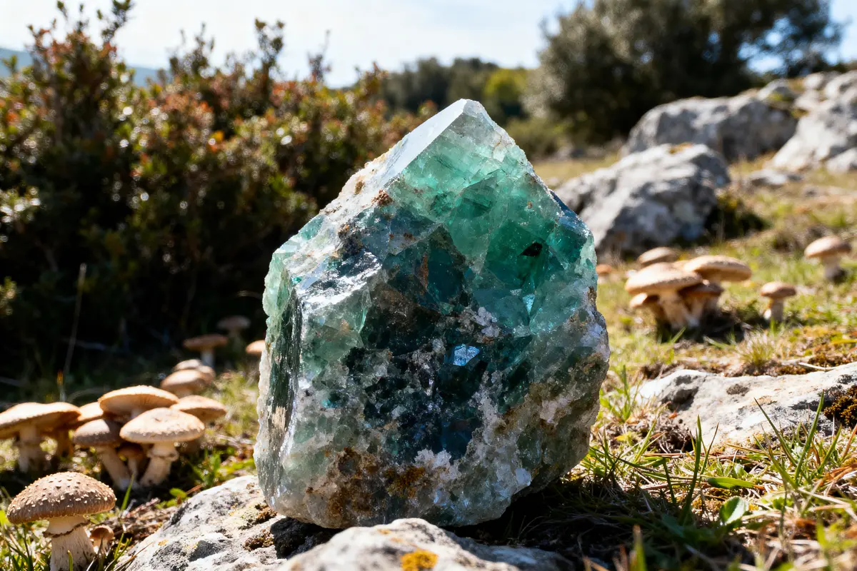 Gros cristal vert transparent parmi rochers et champignons, en extérieur ensoleillé.