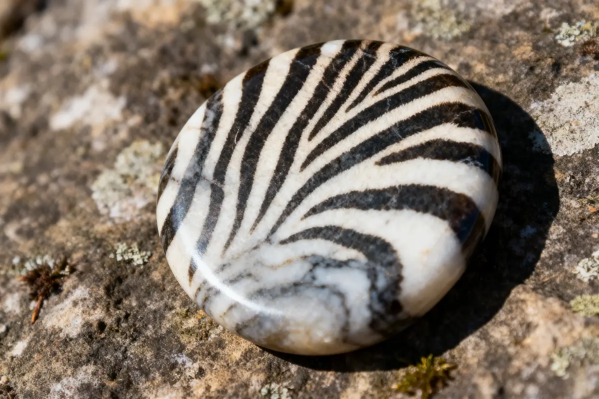 Galet marbré blanc et noir avec motifs, sur une surface rocheuse rugueuse parsemée de lichens.