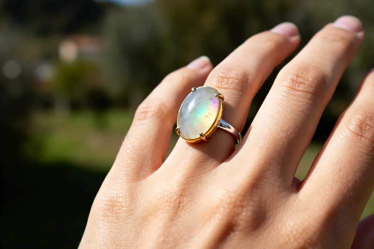 Main portant une élégante bague pierre de lune sertie d'or en plein air