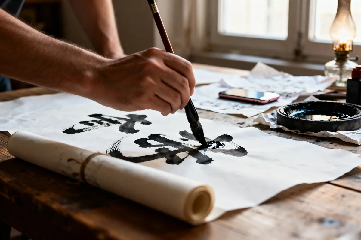 Personne peignant des caractères chinois traditionnels à l'encre chine noire sur papier blanc