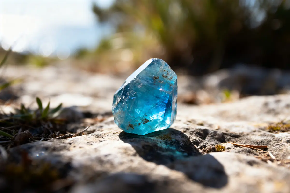 Pierre de cyanite bleue brillante sur sol rocheux en plein air