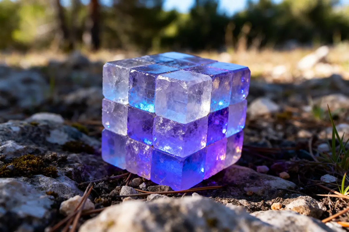 Cube de fluorite translucide et coloré posé sur des pierres en extérieur lumineux
