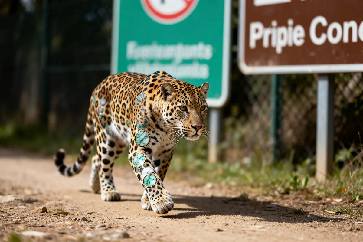 Un léopard marche devant des panneaux, détails de jaspe leopard en incrustation.