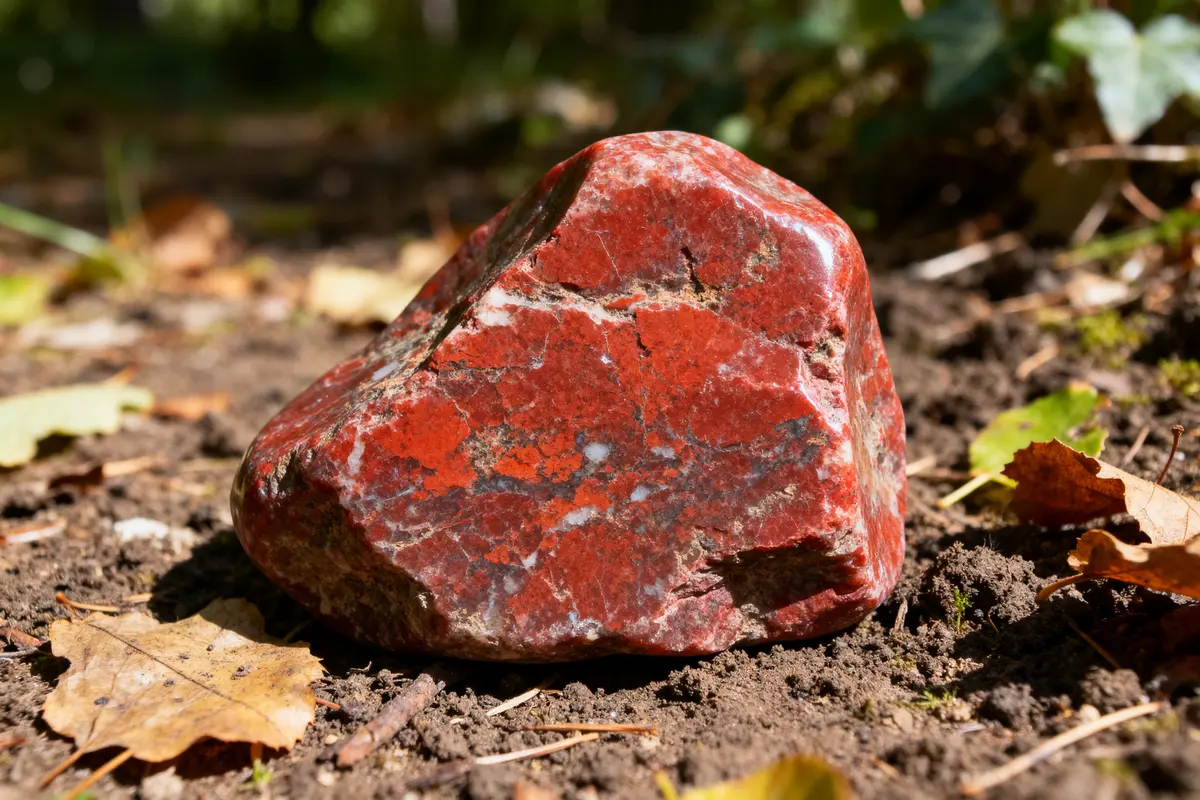 Pierre polie de jaspe rouge sur terre, associée aux vertus énergétiques naturelles.