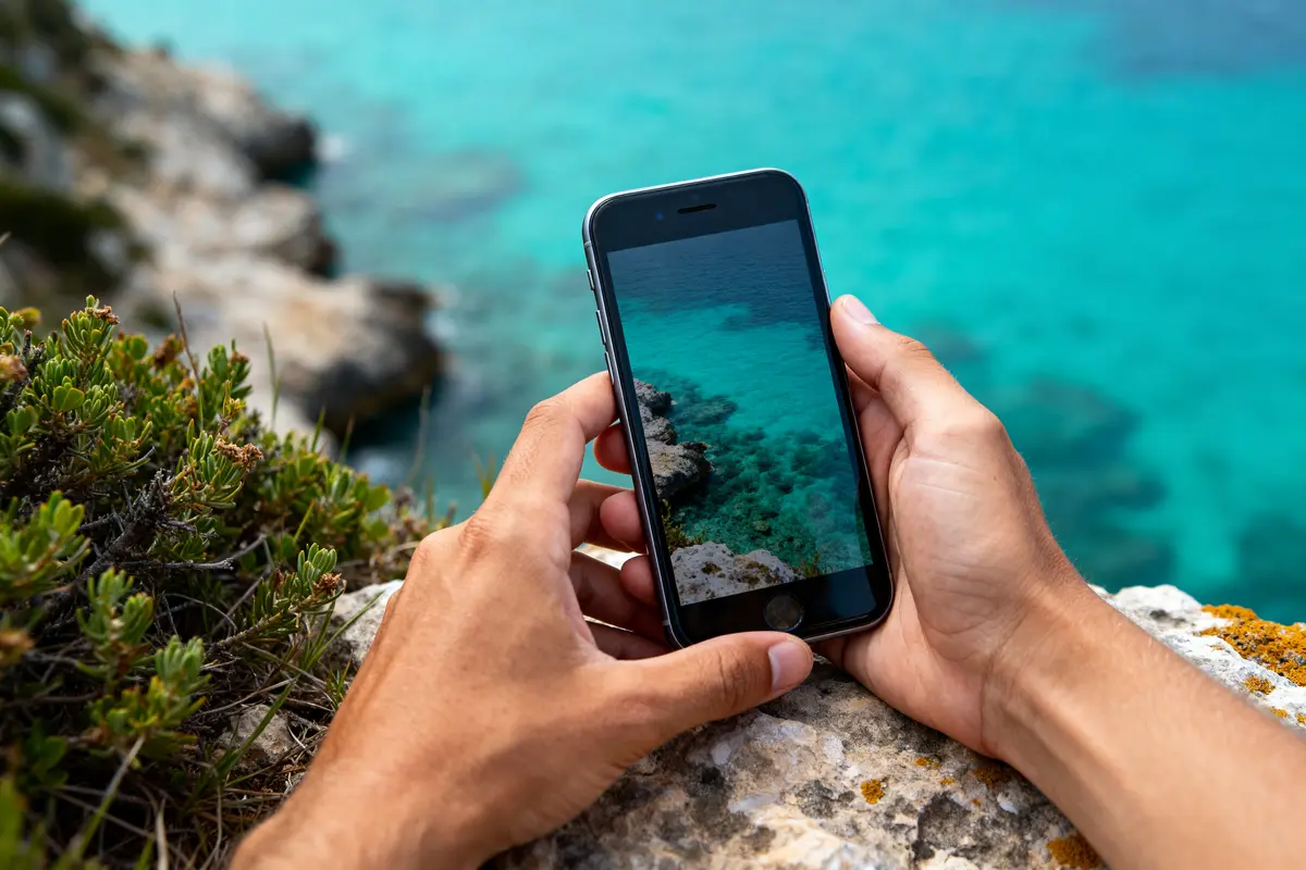Main tenant un smartphone avec photo de la mer et paysage des turquoise en arrière-plan