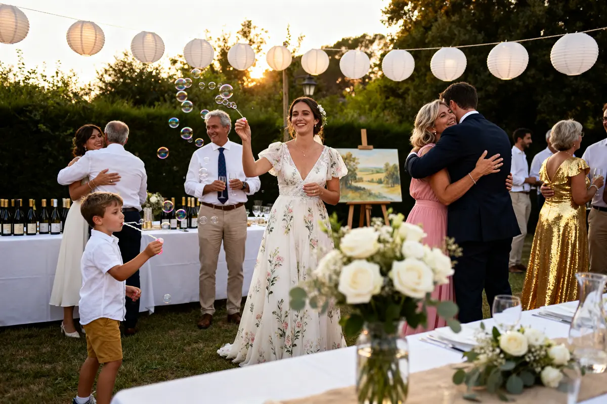 Célébration en plein air avec bulles et lanternes pour noces 30 ans de mariage